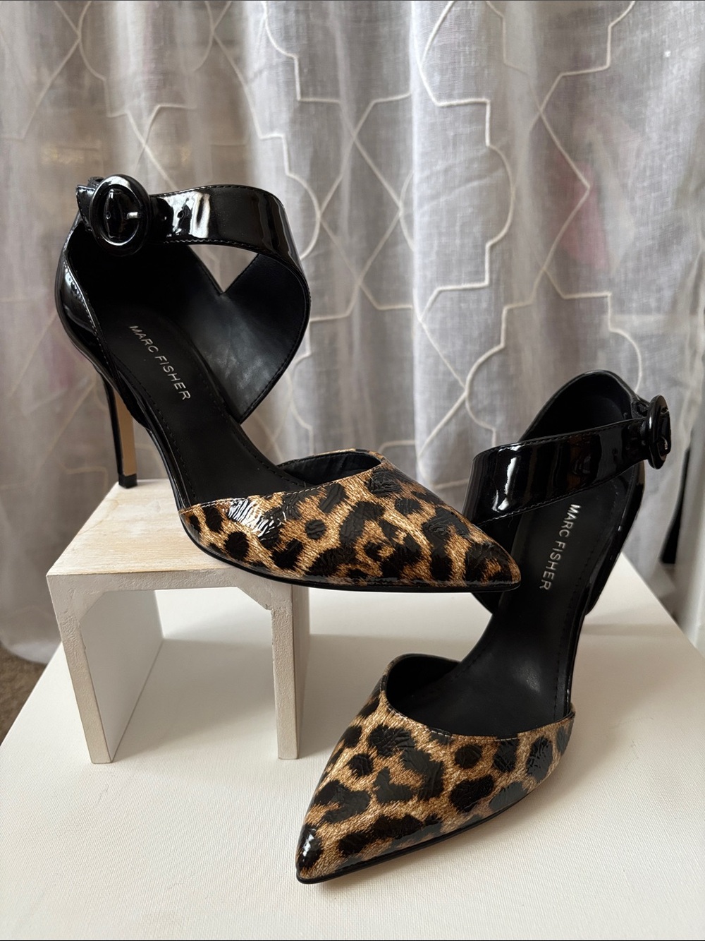 Marc Fisher Leopard-Print Pointed-Toe Ankle-Strap Pumps - Black & Leopard